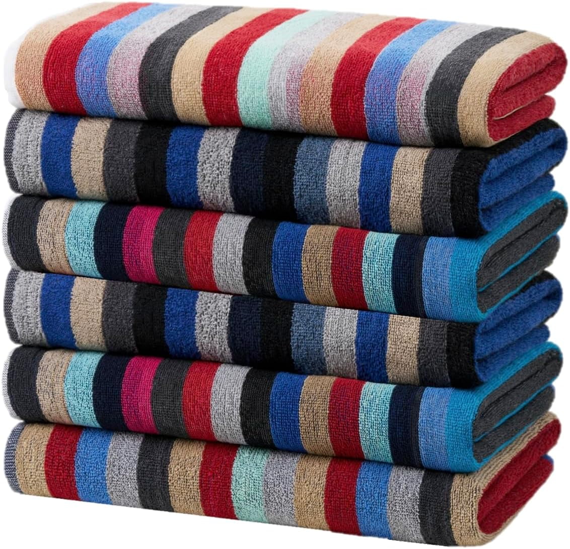 Kaufman Colored Classic Multi-Color Stripe Towel - Oversized Towel for Beach & Pool - Soft & Absorbent Towels for Versatile Use - Large Cotton Towel for Adults & Kids 30" x 60" - 6 Pack