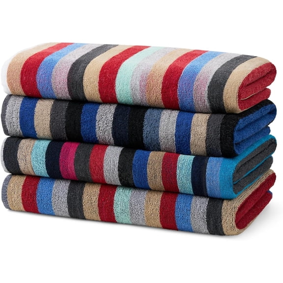 Kaufman Colored Classic Multi-Color Stripe Towel - Oversized Towel for Beach & Pool - Soft & Absorbent Towels for Versatile Use - Large Cotton Towel for Adults & Kids 30" x 60" - 4 Pack