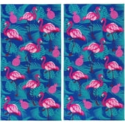 Kaufman - Colorful Fiber Reactive Printed Beach Towels, 100% Soft, Absorbent Cotton, 30 x 60, Set of Two Towels, 2-PK Flamingo