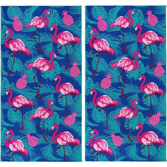 Kaufman - Colorful Fiber Reactive Printed Beach Towels, 100% Soft, Absorbent Cotton, 30'' x 60'', Set of Two Towels, 2-PK (Flamingo)