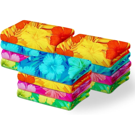 Kaufman - Colorful Hibiscus Beach Towels | 100% Cotton with Ends Hemmed | 30" x 60" | Colorful Soft & Absorbent Pool Towels for Adults and Kids | Fiber Reactive | 12 Pack