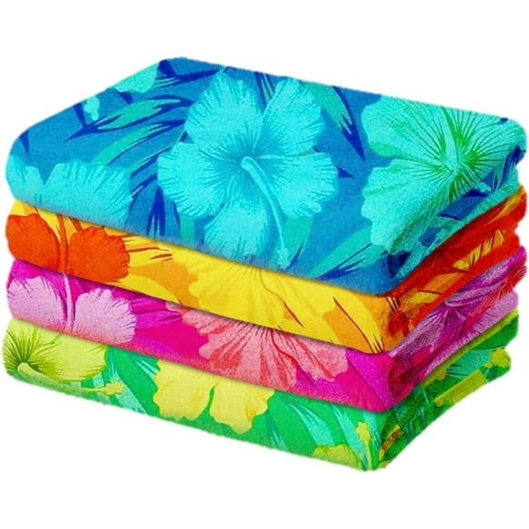 Kaufman - Colorful Hibiscus Beach Towels | 100% Cotton with Ends Hemmed | 30" x 60" | Colorful Soft & Absorbent Pool Towels for Adults and Kids | Fiber Reactive | 4 Pack