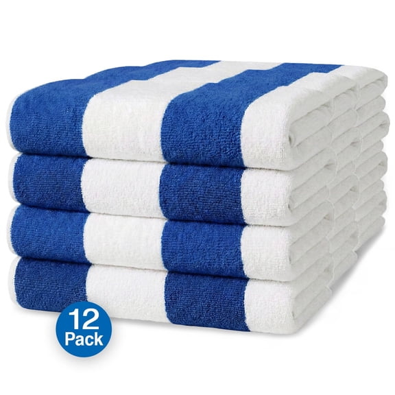 Kaufman - Large Beach Towel | 30" x 60" Terry Cabana Striped Beach Towels | Absorbent, Quick-Drying | Cotton Thick Beach Towels (Blue/White, 12-PK)