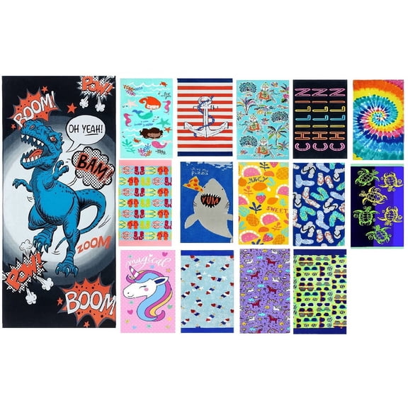 Kaufman - Printed Beach, Camp Towel , 100% Absorbent Cotton,Velour 30'' x 60'' (Dinosaur)