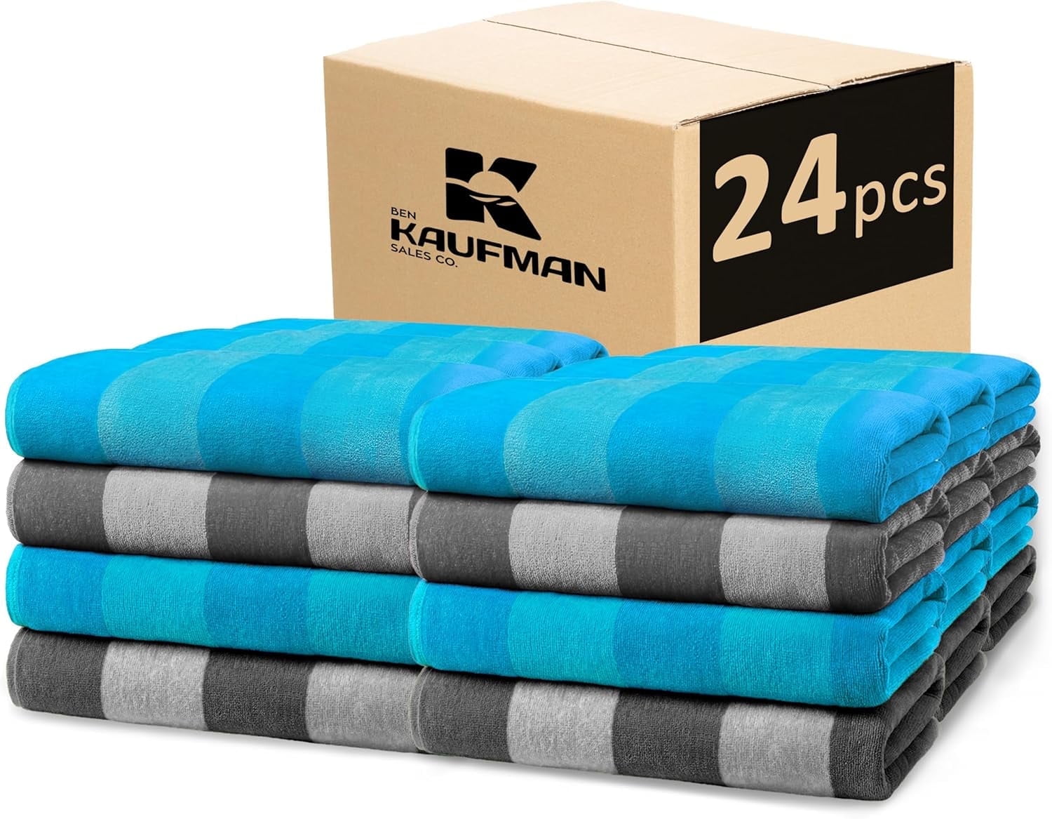 Kaufman- Velour Multi-Color Cabana Striped Beach Towels in Bulk | 100% Cotton Beach Towel Pack 30" x 60" | Absorbent, Quick-Drying Pool Towels for Adults (24 Pack)