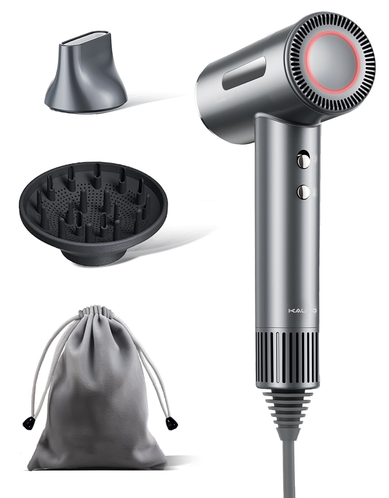Kauoo High-speed Ionic Hair Dryer with Brushless Motor, Diffuser, Fast Drying, Gray