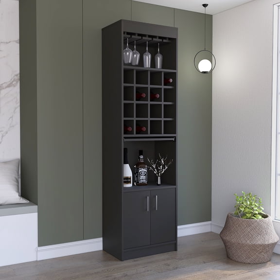 Kava Bar Cabinet, 16 Built-in Wine Rack, Two Door Cabinet, Two Shelves, Black