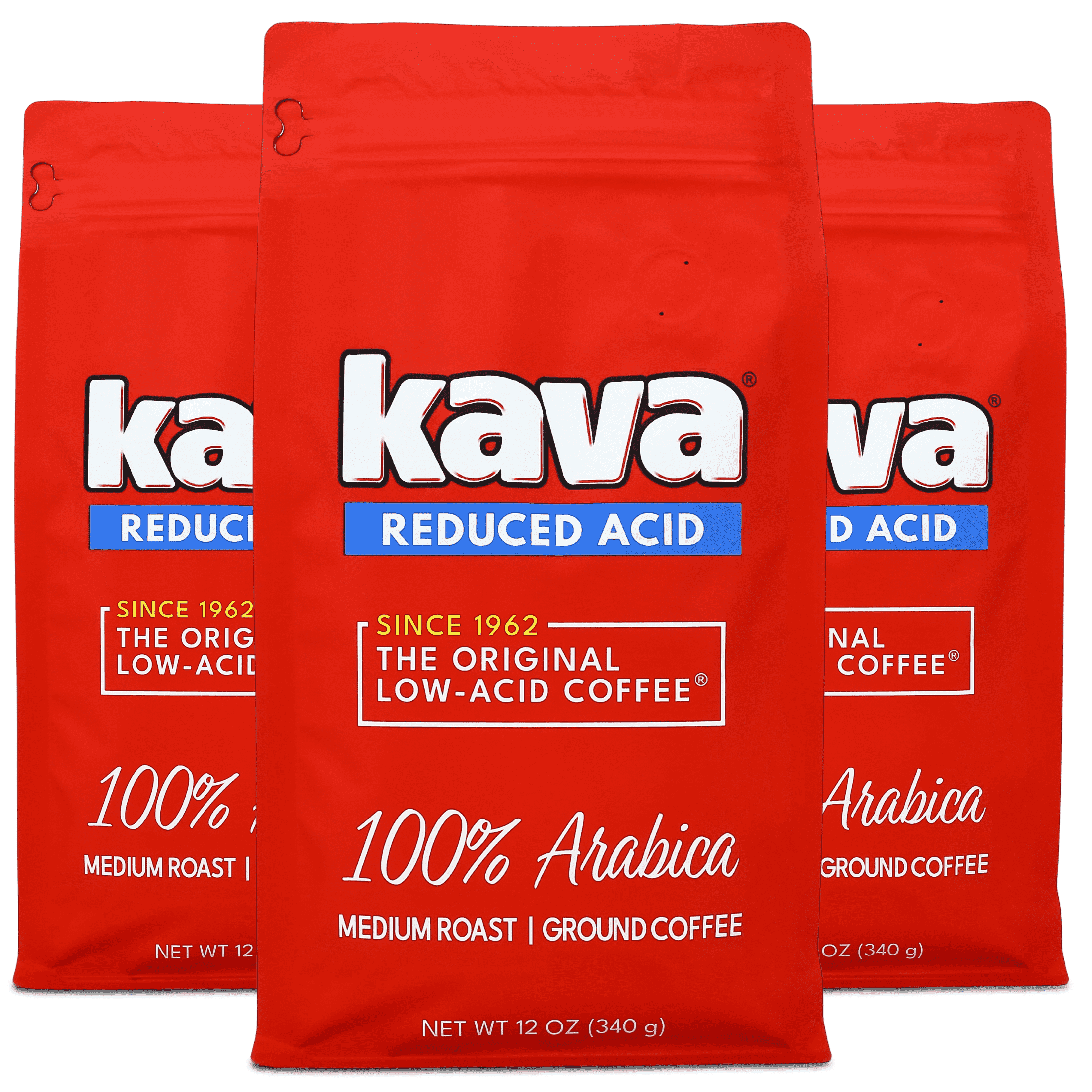 Kava Low Acid Ground Coffee – Medium Roast Arabica, Stomach Friendly, Kosher, 12 oz Bag (Pack of 3)