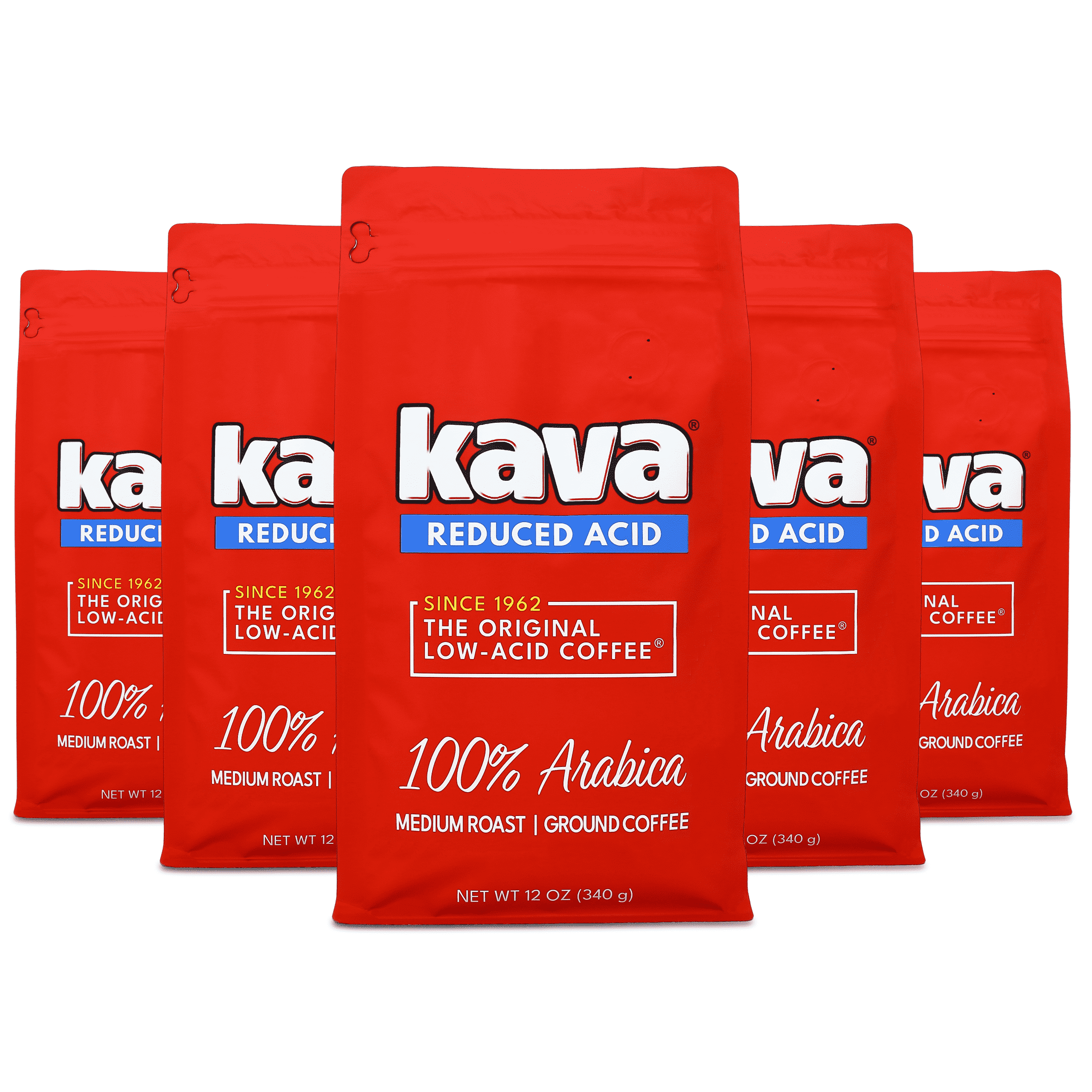 Kava Low Acid Ground Coffee – Medium Roast Arabica, Stomach Friendly, Kosher, 12 oz Bag (pack of 6)