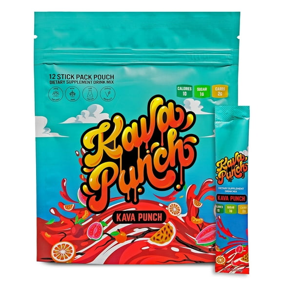 Kava Punch Relaxation Drink Mix 12 Stick Pack Pouch with Kava Kava Extract for Stress Relief | Non-Alcoholic, Low-Calorie, Healthy Alternative Beverage | Portable Alcohol-Free Buzz Drink