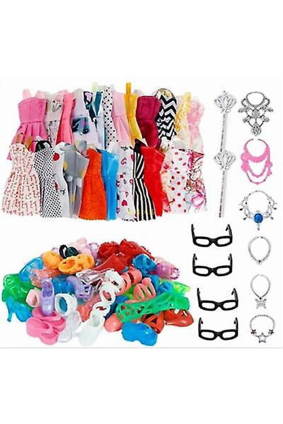 32 Item/set Doll Accessories=10 Pcs Doll Clothes Dress+4 Glasses+6 Necklace+2 Handbag+10 Pairs Shoes For Barbie Doll