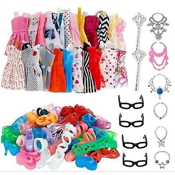 Kavelle Home INC 32 Item/set Doll Accessories=10 Pcs Doll Clothes Dress+4 Glasses+6 Necklace+2 Handbag+10 Pairs Shoes For Barbie Doll