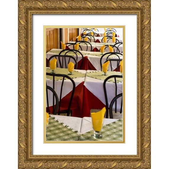 Kaveney, Wendy 11x14 Gold Ornate Wood Framed with Double Matting Museum Art Print Titled - Italy, Venice Colorfully prepared cafe tables