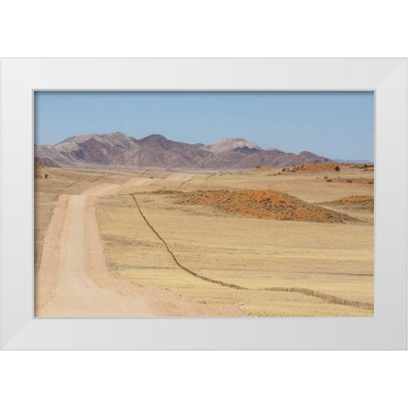 Kaveney, Wendy 14x11 White Modern Wood Framed Museum Art Print Titled - Namibia, Namib Desert Road and fence in desert