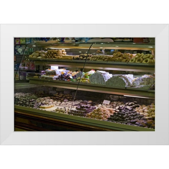 Kaveney, Wendy 18x13 White Modern Wood Framed Museum Art Print Titled - Italy, Venice Display case filled with pastries