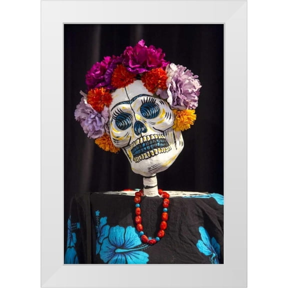 Kaveney, Wendy 23x32 White Modern Wood Framed Museum Art Print Titled - AZ, Phoenix Skeleton with hair made of flowers