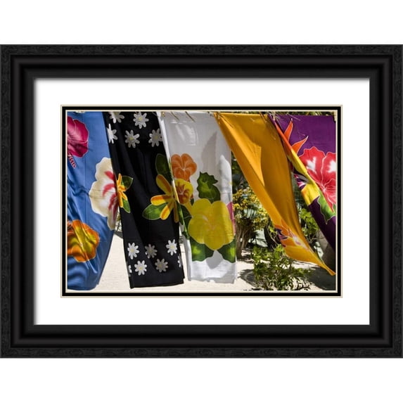 Kaveney, Wendy 24x17 Black Ornate Wood Framed with Double Matting Museum Art Print Titled - French Polynesia,Tahaa Pareos blows in the wind