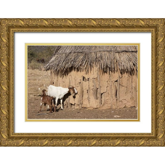 Kaveney, Wendy 32x23 Gold Ornate Wood Framed with Double Matting Museum Art Print Titled - Namibia, Opuwo A pair of goats and Himba mud hut