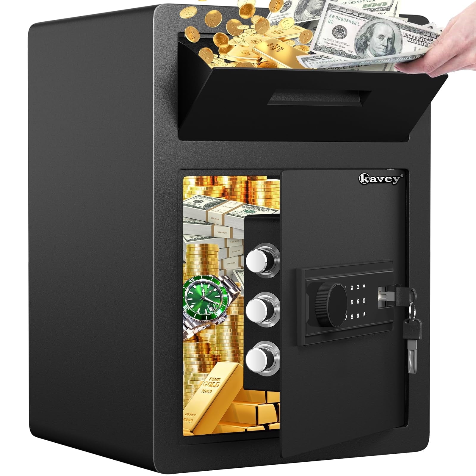 Walmart daily deals:  Free Shipping! Kavey 2.6 Cub Safe Box with Drop Slot, Large Drop Safe with Digital Touch Screen Keypad and Dual Warming Alarm, Cash Drop Safe Box with Mute Function and LED Light, Home Safe for Valuables
