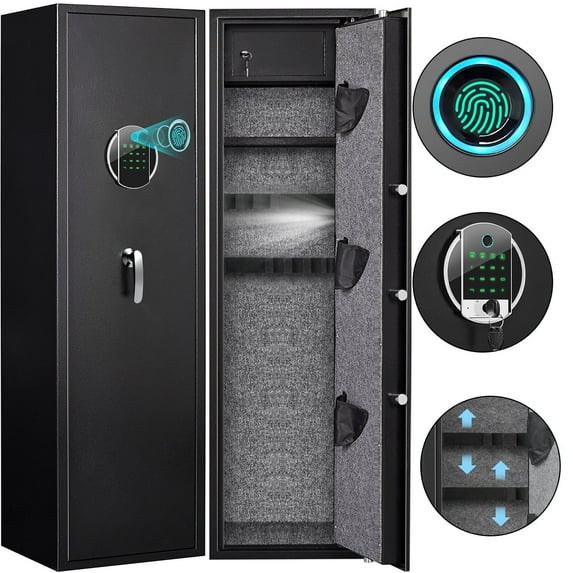 Kavey 5-6 Gun Safe, Fingerprint Gun Safe with Inner Cabinet, Long Gun Safe with Adjustable Shelf & Pistol Bag, Gun Cabinet for Shotguns with Dual Alarm System & Mute Mode