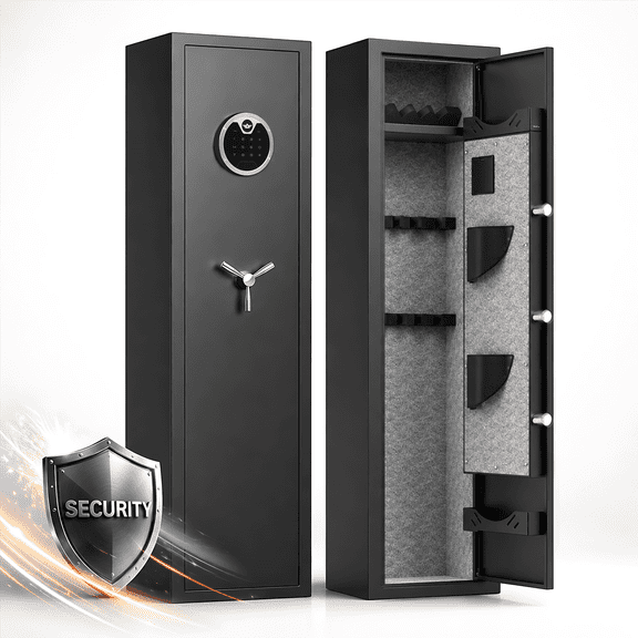 Kavey 5-6 Long Gun Safe, Quick Access Digital Gun Safe for Pistols and Shotguns, Gun Cabinet with Adjustable Support Frame, Gun Rack, Shelf and Pistol Bag