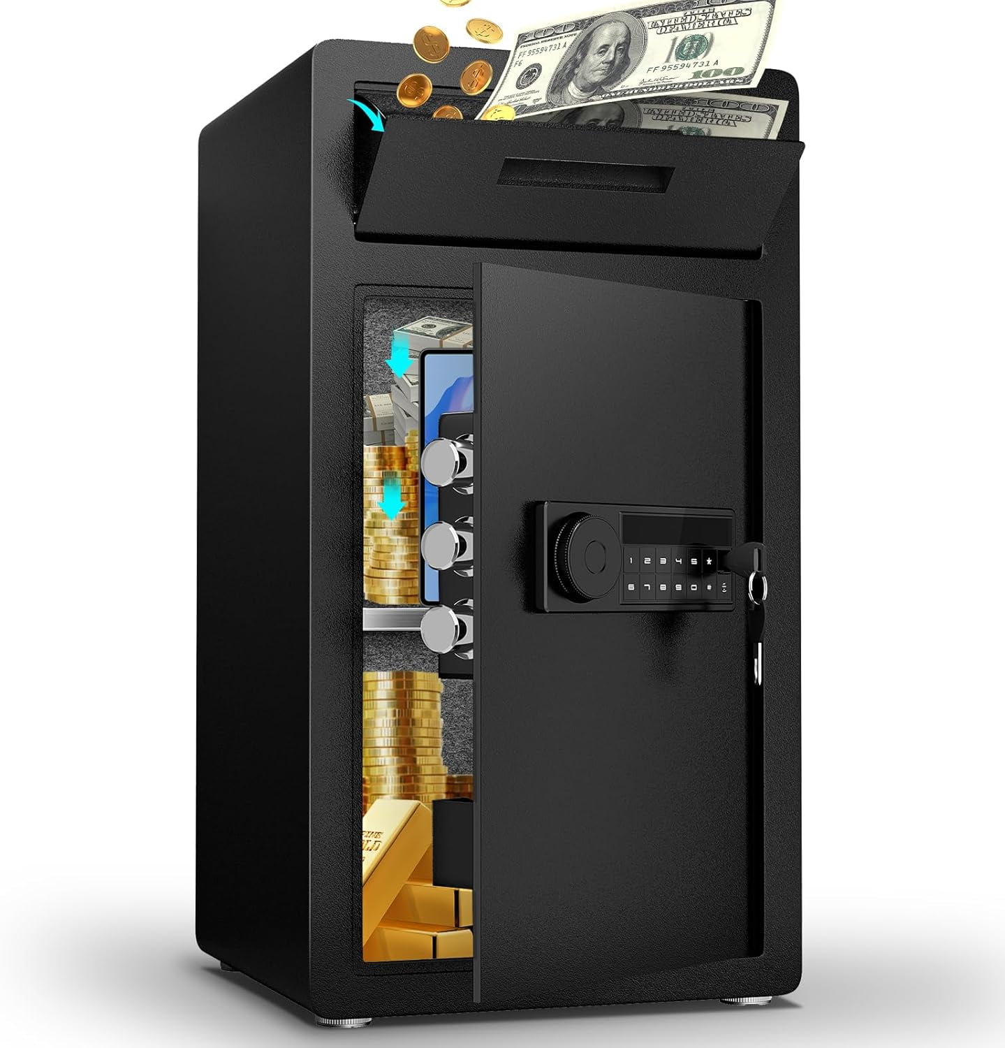 Kavey 6.5 Cub Safe Box, Large Drop Safe for Business, Money Box with Drop Slot & Digital Keypad, Home Cabinet with Dual Alarm & Mute Function for Home
