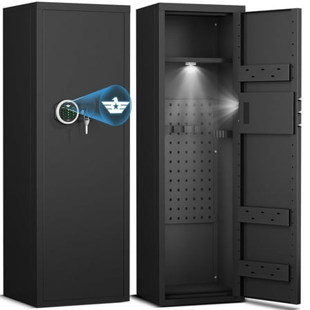 Kavey 6-8 Gun Safe for Shotguns, Large Unassembled Gun Safe for Shotguns with Dual Alarm and Mute Mode, Long Gun Cabinet for Guns with Touchscreen Pad, Removable Shelves