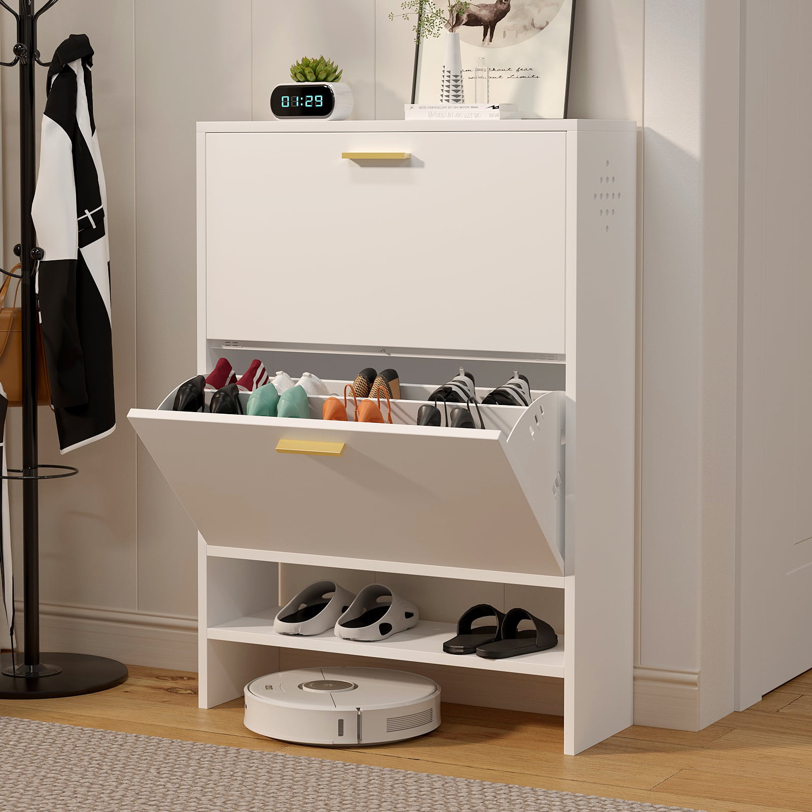 Yamazaki Home Tower Entryway Storage Shelf - Wood Top Bench For Shoes, Bags & Slippers