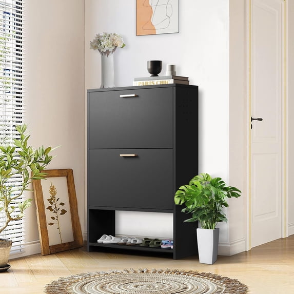 Kavey Shoe Cabinet with 2 Flip Drawers and Open Shelf, Black, 34.4 lbs