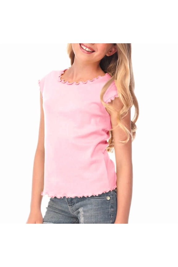 ! Big Girls 7-16 Lettuce Edge Scoop Neck Cap Sleeve Top Baby Pink XL