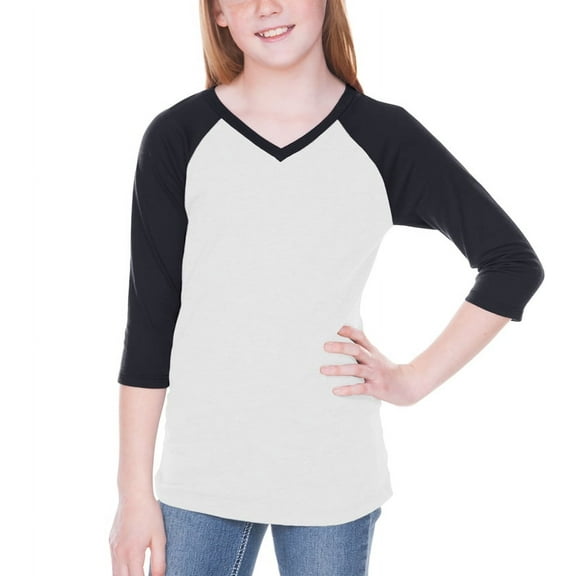 Kavio Big Girls 7-16 Sheer Jersey Contrast V Neck Raglan 3/4 Sleeve T-SHIRT - GJP0568