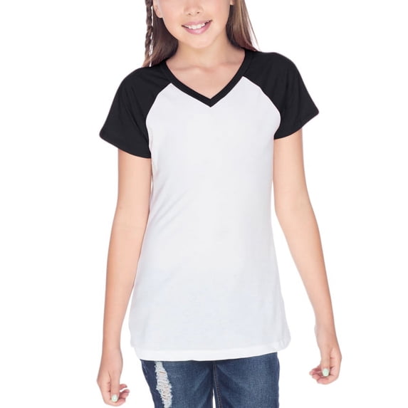 Girls 7-16 Sheer Jersey Contrast V Neck Raglan Short Sleeve, Style GJP0567