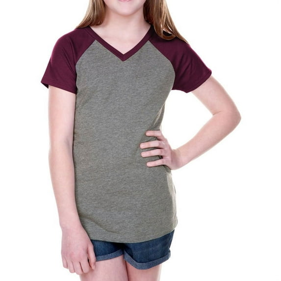 Kavio Big Girls 7-16 Sheer Jersey Contrast V Neck Short Sleeve Shirt GJP0567 - Dark Heather Gray/Pinot - X-Large
