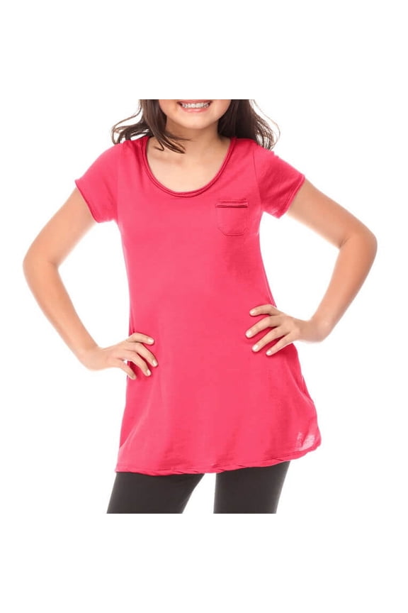 ! Big Girls 7-16 Sheer Jersey Double Raw Edge Scoop Neck Penny Pocket Short Sleeve Watermelon S