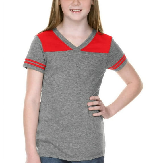Kavio! Big Girls 7-16 Sheer Jersey V Neck Football Tee Dark H.Gray/Red S