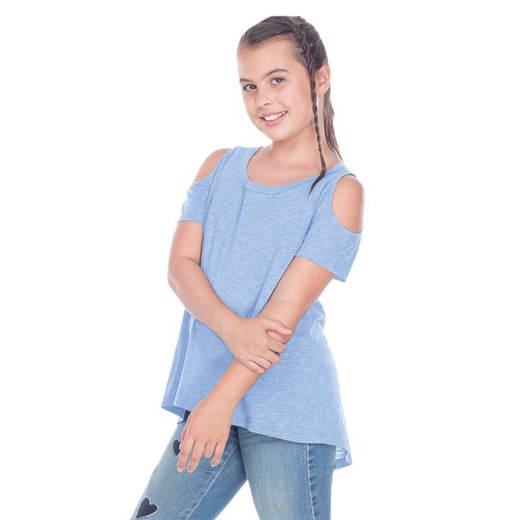 Girls 7-16 Slub Jersey Scoop Neck Cold Shoulder High-Low Short Sleeves Azure L