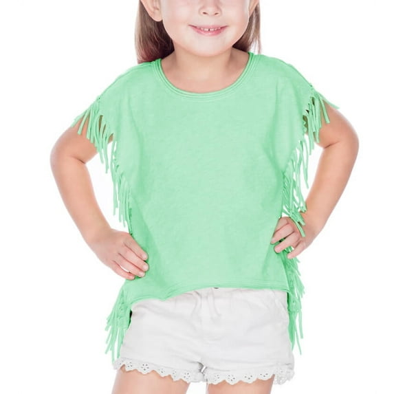 Kavio! Girls 3-6X Sheer Jersey Raw Edge Side Fringe Asymmetrical Cap Sleeve CropTop Ice Green 4