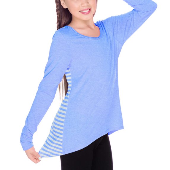 Kavio! Girls 7-16 Contrast Mini Striped Back High Low Long Sleeves Striped White/Azure M