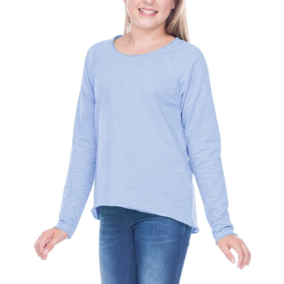 Kavio! Girls 7-16 French Terry Raw Edge Raglan High-Low Long Sleeve Azure XL