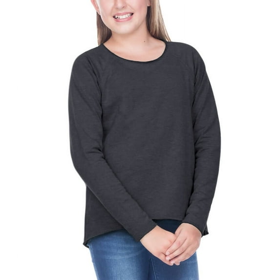 Kavio! Girls 7-16 French Terry Raw Edge Raglan High-Low Long Sleeve Ht.Charcoal M