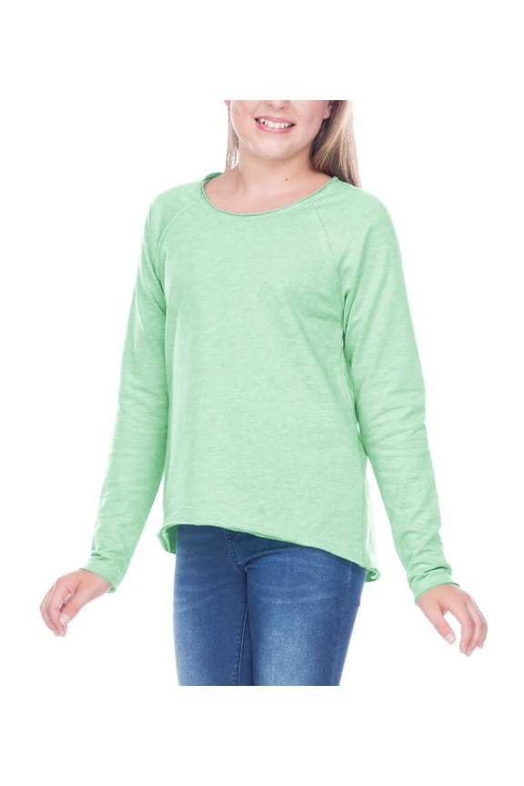 ! Girls 7-16 French Terry Raw Edge Raglan High-Low Long Sleeve Ice Green XL