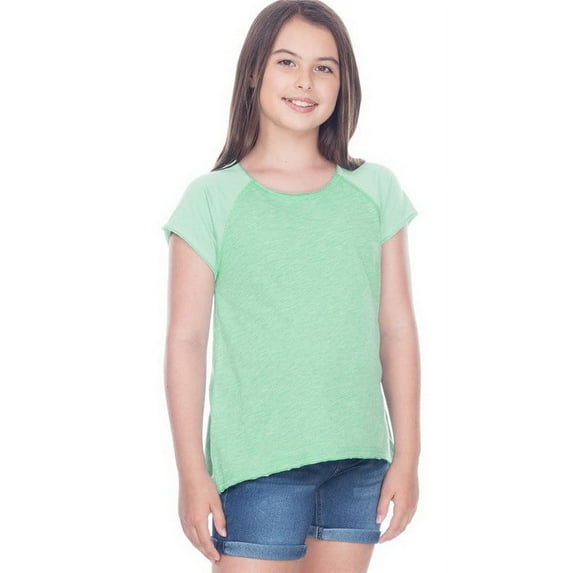 Kavio Girls 7-16 Slub Jersey Raw Edge High Low Contrast Raglan Short Sleeve GJS0679 - IceGreen/Honeydew - Large