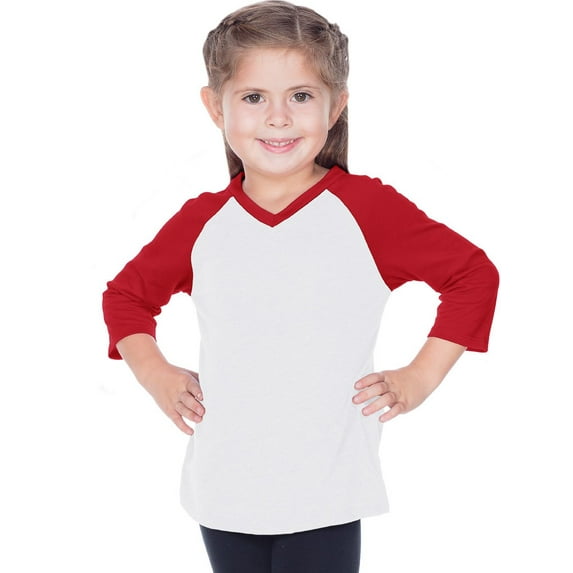 Kavio Girls V Neck Contrast Raglan 3/4 Slv Jersey Tee PJP0568 - White/Red - 4