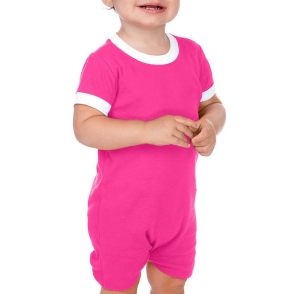 Kavio I1C0189 Infants Scoop Neck Short Sleeve Romper-HotPink/White-12M