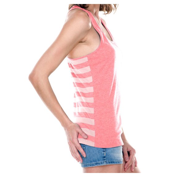 Kavio JJP0628 Juniors Sheer Jersey Contrast Striped Knot-Back Tank-Striped White/Flamingo-S
