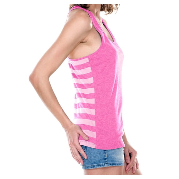 Kavio JJP0628 Juniors Sheer Jersey Contrast Striped Knot-Back Tank-Striped White/PinkFlash-S