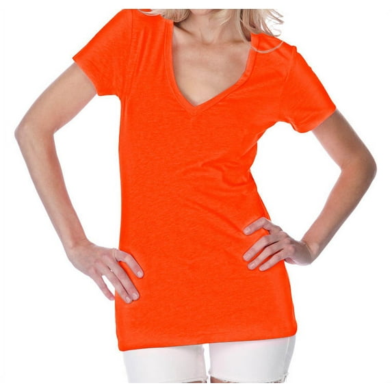 Kavio! Junior Sheer Jersey Deep V Neck Short Sleeve Varsity Orange S