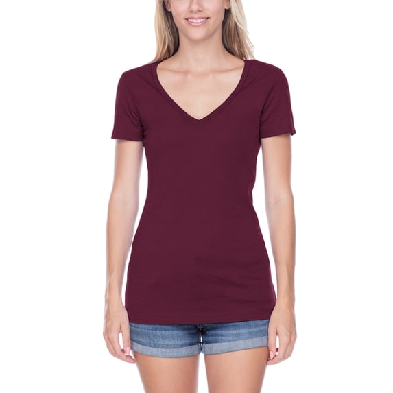 Kavio! Junior Sheer Jersey Deep V Neck Short Sleeve Wine M