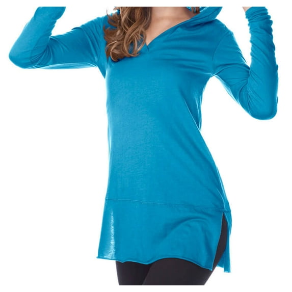 Kavio! Junior Sheer Jersey Insert Hem Long Sleeve Hoodlie Placket Silicon Wash Island Blue L