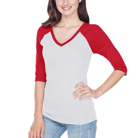 Kavio! Junior Sheer Jersey Contrast V Neck Raglan 3/4 Sleeve White/Red XL